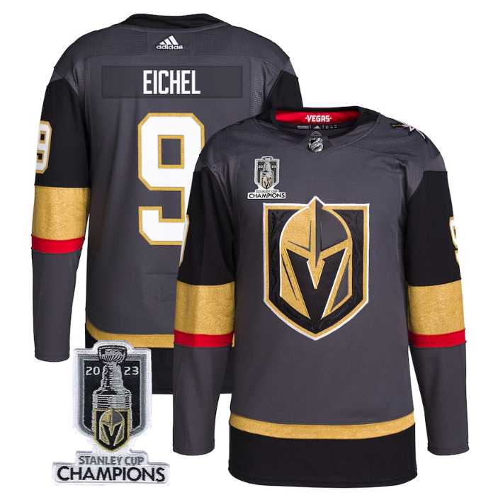 Mens Vegas Golden Knights #9 Jack Eichel Gray 2023 Stanley Cup Champions Stitched Jersey